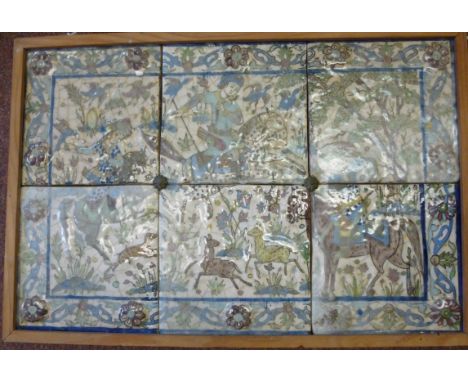 A 19thC (possibly Persian) glazed, six tile, pottery plaque, decorated in colours with a hunting scene, featuring mounted hor