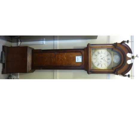 A late 18thC oak and crossbanded mahogany longcase clock, the broken arch hood with brass finials and fluted flank pillars, o