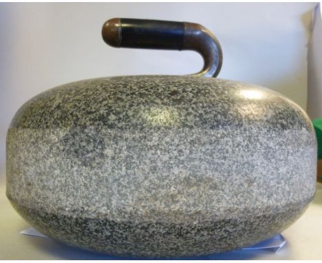 A vintage (possibly Tinkernall), Blue Hone curling stone, the turned ebony handgrip with an engraved armorial, on a shield sh