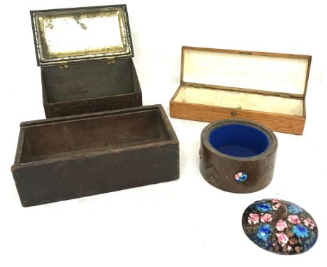 Selection of wooden and metal boxes to include a small circular box with enamel lid and detail 