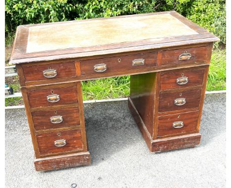 Victorian 9 drawer leather top desk, approximate measurements: Height 30 inches, Width 42 inches, Depth 24 inches 