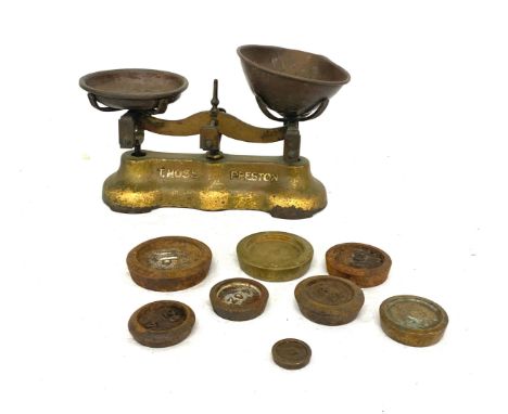 Set antique sweet scales, T Moss Preston with weights 