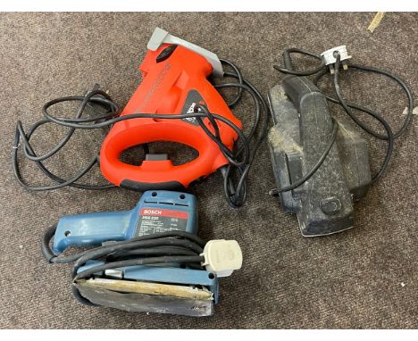 Selection of power tools to include Black and Decker plane,  Black and Decker saw, Bosch sander , all untested 