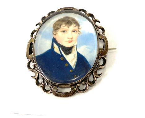 Portrait miniature hand painted - Navel mid-shipman in unmarked silver frame, size approximately 7cm by 6cm 