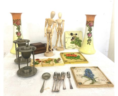 Selection of miscellaneous to include silver plated cutlery, tea light holders, plaques/ tiles, wooden figures 