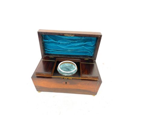 Antique brass inlaid rose wood tea caddy with fitted interior 