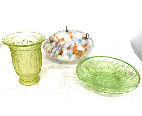 Selection vintage coloured glass, to include light shade, vase etc 