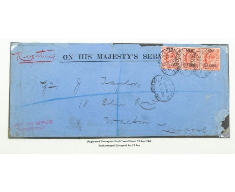 GB SG 049 1902 1d Army official strip of 3 for registered rate Davenport to Liverpool