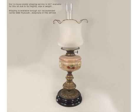 OIL LAMP. An oil lamp with painted glass fount & brass base. Height 62cm.