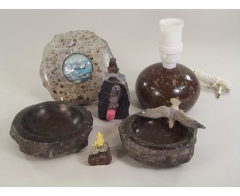 SERPENTINE. A turned red serpentine small lamp base & five other pieces of Cornish serpentine.