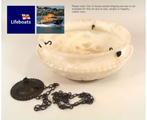 LAMP BOWL. An early 20th century alabaster lamp bowl. Diameter 37cm. Sold in aid of Penlee RNLI. NOTE: OUR IN-HOUSE SHIPPING 