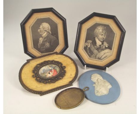 HISTORIC PORTRAITS, ETC. Two 19th century framed engravings, George III & George IV. Also, a Wedgwood Jasper ware plaque of N