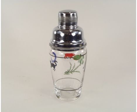 COCKTAIL SHAKER.A 1930s Stuart glass & chrome cocktail shaker, enamel decorated with good luck symbols. Original paper label.