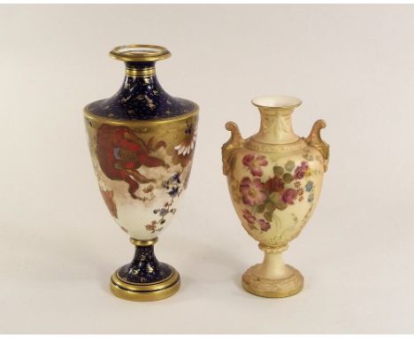 DERBY & WORCESTER. A Royal Crown Derby urn, Pattern No.2553, (lacks cover) height 19cm & a Royal Worcester hand painted urn N