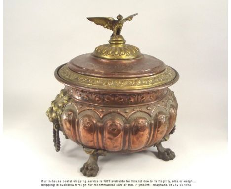 COAL BOX. A Victorian copper & brass mounted coal box, with lion mask ring handles. Max. width 59cm, max. height 48cm.