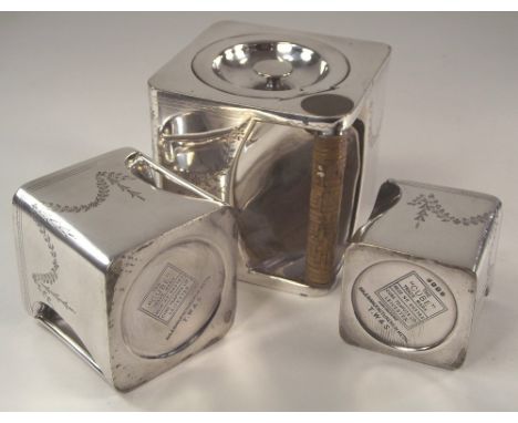 THE CUBE. A silver plated, three piece 'cube' tea service by T.W. & S., Leicester