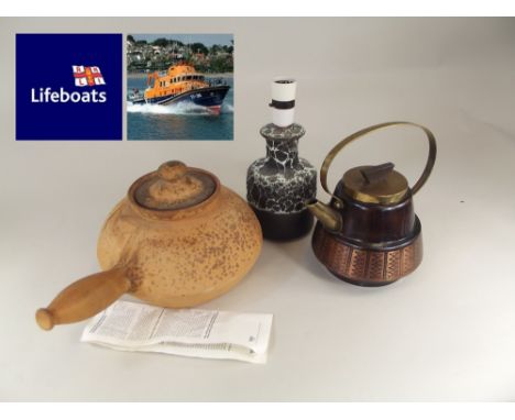 WEST GERMAN POTTERY ETC.A West German pottery lamp base, an anodised brass kettle (split spout), both c1960's & a Thomas, Ger