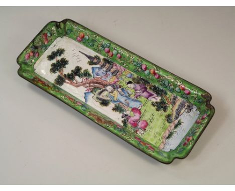CANTON ENAMEL.A 19th century Cantonese, polychrome enamel copper shallow dish, showing three figures beside a riverbank. In t