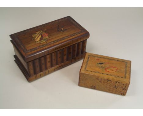 PUZZLE BOXES. An Italian inlaid olive wood shelf-of-books puzzle box & a Japanese puzzle box.