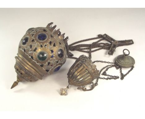 HANGING LAMPS. A Russian, brass hanging lamp & one other 'jewelled' lamp.