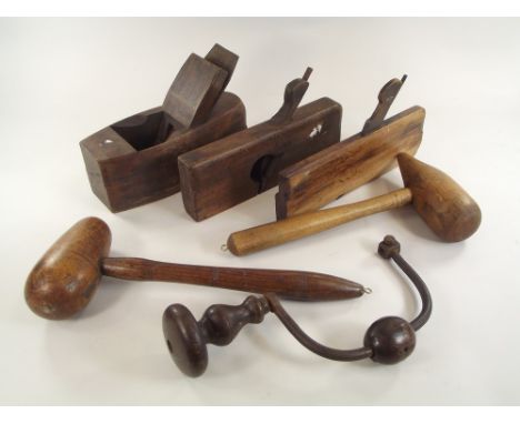 TOOLS. A wooden block plane, two turned mallets & other woodworking tools.