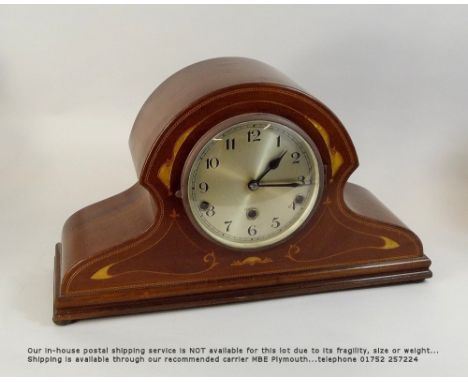 MANTEL CLOCK. A 20th century inlaid striking mantel clock, the movement stamped D.R.G.M. Height 26cm. Width 45cm.