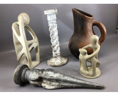 Collection of curios to include two contemporary figures, a barley twist candlestick, jug etc (5)