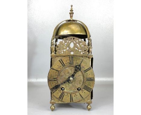 Brass Striking English Lantern Clock with four posted frame and pierced frets, restored by Charles Shapland Clockmaker, 207 H