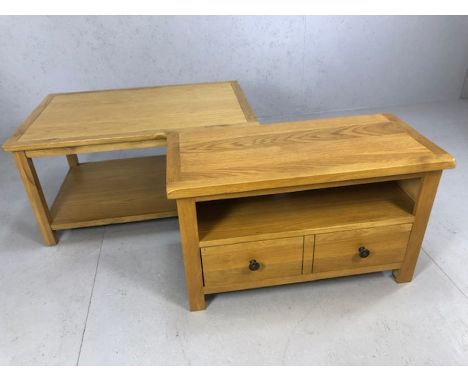 Modern light oak coffee table with magazine shelf under and light oak TV unit with two drawers under 