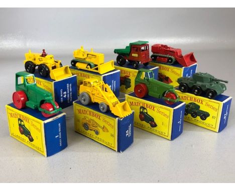 Eight boxed Matchbox Series diecast model vehicles: 18 Caterpillar Bulldozer, 2 Muir-Hill Dumper, 1 Diesel Road Roller x 2, 2