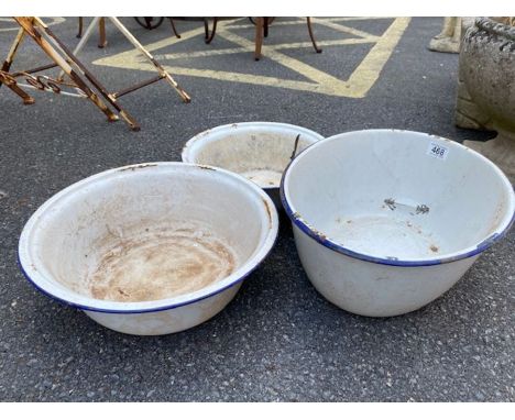 Vintage metal enamelled bowls, the largest approx 41cm in diameter