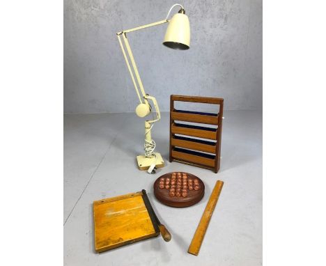 Collection of vintage items to include industrial / machinists lamp, vintage guillotine, hanging wooden rack, hardwood solita