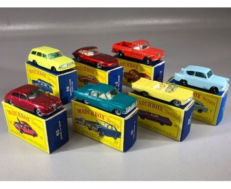 Seven boxed Matchbox Series diecast model vehicles: 7 Ford Anglia, 33 Ford Zephyr III, 32 E Type Jaguar, 38 Vauxhall Victor E