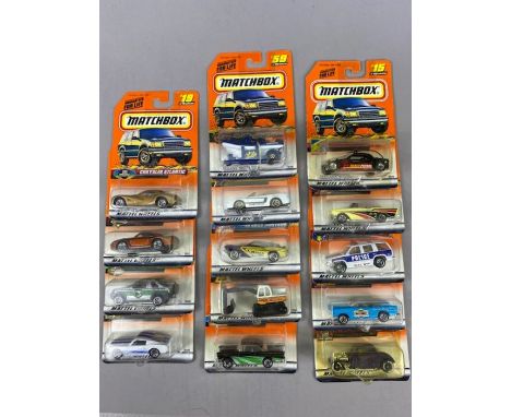 Fourteen Matchbox Mattel Wheels model diecast vehicles, all in sealed orange blister packs
