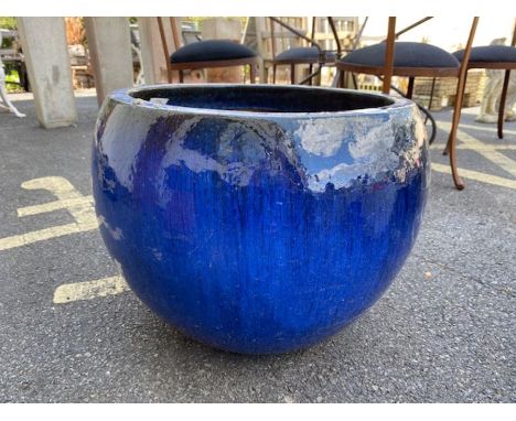 Large blue glazed spherical garden planter, approx 40cm tall