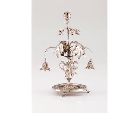 A toothpick holderPortuguese silver, 19th centuryUrn of snake and tree trunk shaped handles with  foliage and fruits on a sma