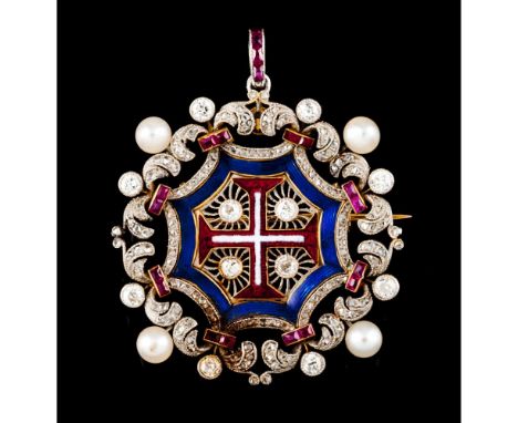 An unusual pendantSilver and goldExceptional goldsmith's work with central white and red enamelled Cross of Christ set with 4