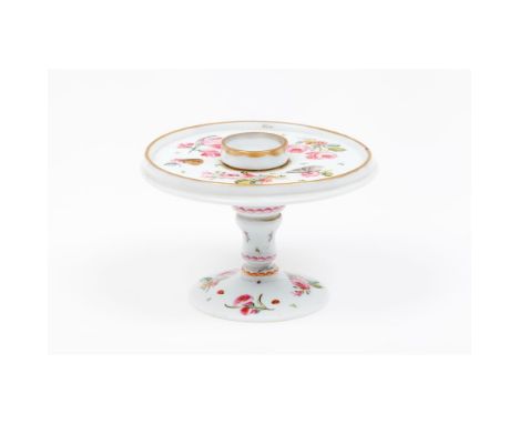 A candlestick standMilk glass from the "La Granja" factoryPolychrome decoration of flowers and insectsSpain, 19th century(res