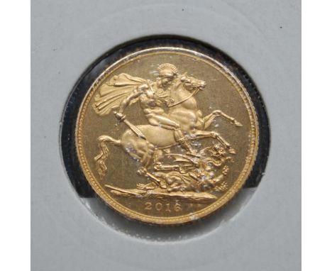 Great Britain, 2016 gold proof full sovereign, obv; portrait of Queen Elizabeth II by James Butler, rev; St George and Dragon