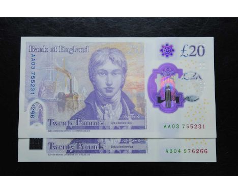 Great Britain, Bank of England £20 polymer note, first series AA03 755231, Chief Cashier Sarah John, together with one other 