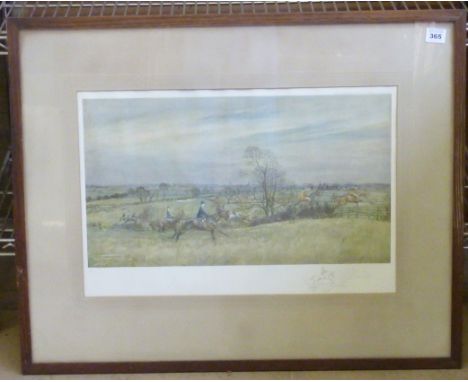 An oak framed and glazed Lionel Edwards colour fox hunting Print, (possibly the Twyford?), signed in pencil by the Artist low