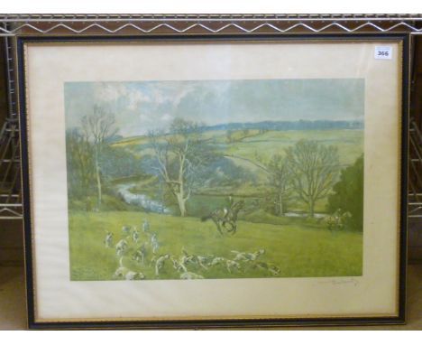 A Hogarth framed and glazed Lionel Edwards colour fox hunting Print signed lower right in the margin by the Artist, 36cm x 53