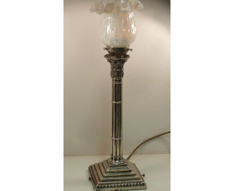 A mid 18th Century George II period cluster column silver Lamp on square stepped base, with later crimped vaseline glass shad