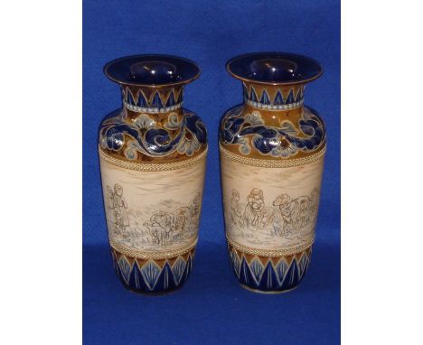 A fine pair of late 19th/early 20th Century Doulton Lambeth stoneware Vases, sgraffito incised with children in a field playi