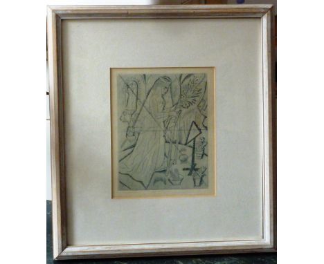 ***David Michael Jones (British, 1895-1974), a framed and glazed copper plate Engraving "Bride Kneeling" (1928), an illustrat