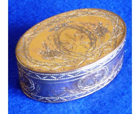 A heavy oval gilt metal Continental Snuff Box, bright cut engraved with various decorative vignettes, the central vignettes d