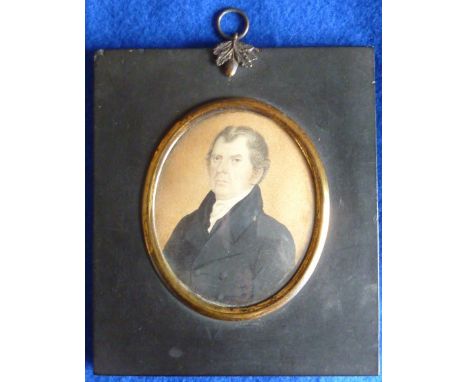 An early/mid 19th Century shoulder length Portrait Miniature within gilded oval mount and ebonised frame (possibly Wellington