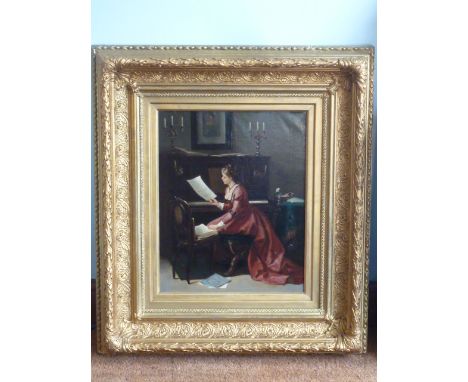 A gilt framed late Victorian Portrait in Oils of a lady seated at a keyboard (some restoration), 65cm x 74cm, image size 35cm