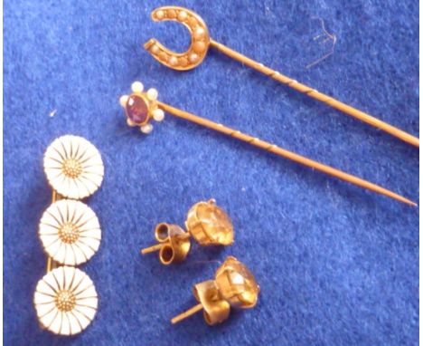 A Danish sterling silver and enamelled Bar Brooch modelled as three flower heads, a pair of 9 carat Stud Earrings set with ye