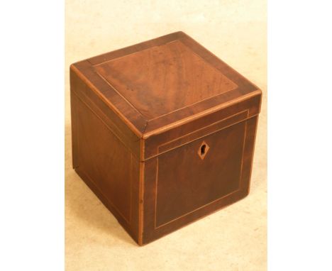 A late 18th Century mahogany and boxwood strung square Tea Caddy for restoration, 13cm diameter 